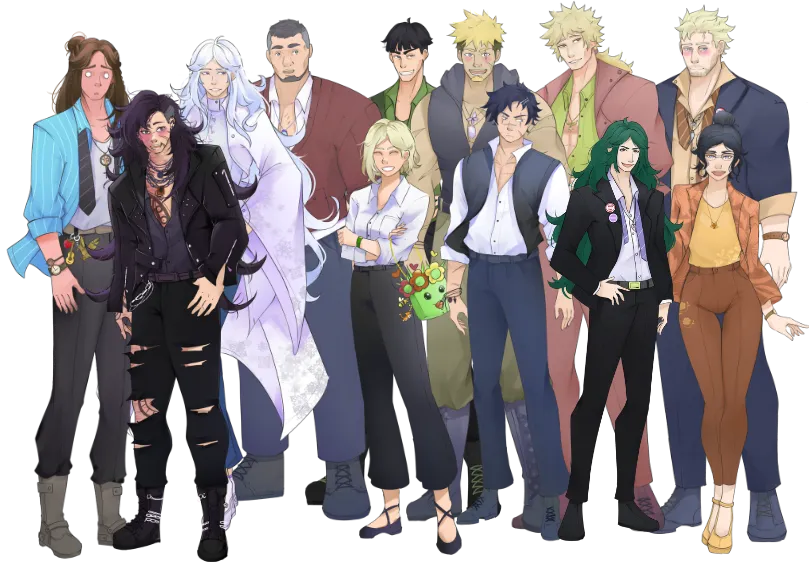 In "I Married a Monster on a Hill," twelve unique characters stand together, each with a distinct look and personality. The group includes a relaxed character with long brown hair and a blue shirt, an edgy individual with tattoos and a leather jacket, and an ethereal figure with long white hair and flowing robes. A stern character in a red robe, a practical person in a green vest, and a friendly blonde holding a plant add variety. The group also features a sophisticated blonde in business casual attire, an energetic character in a purple jacket, an intellectual with glasses, a professional with long green hair, a determined individual in orange and brown, and a tall, muscular figure in a blue suit. These characters bring a wide range of styles and traits to the story.
