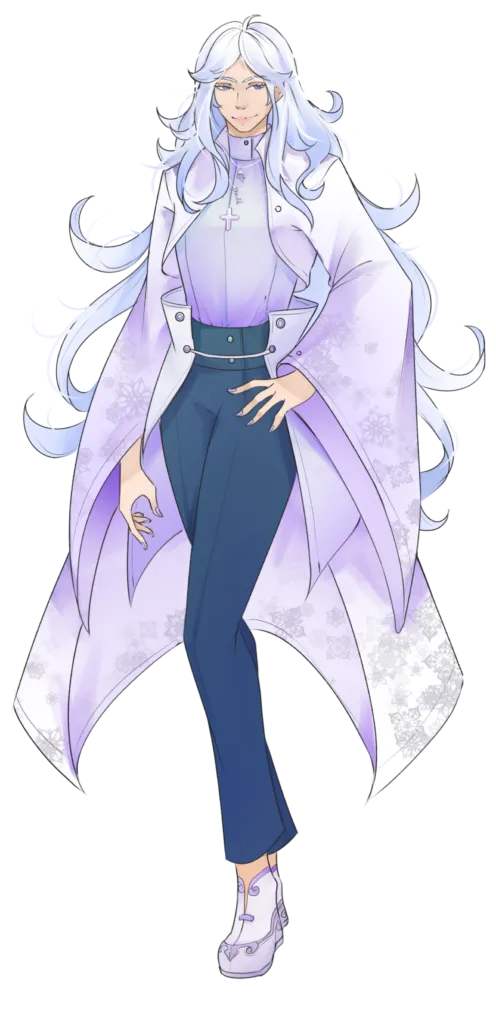 August from I Married a Monster on a Hill model, has long white hair with blue and purple tones, has hand on hips