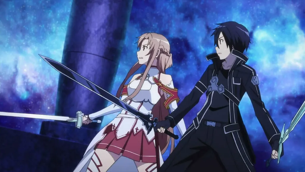 Kirito and Asuna preparing for battle in Sword Art Online.