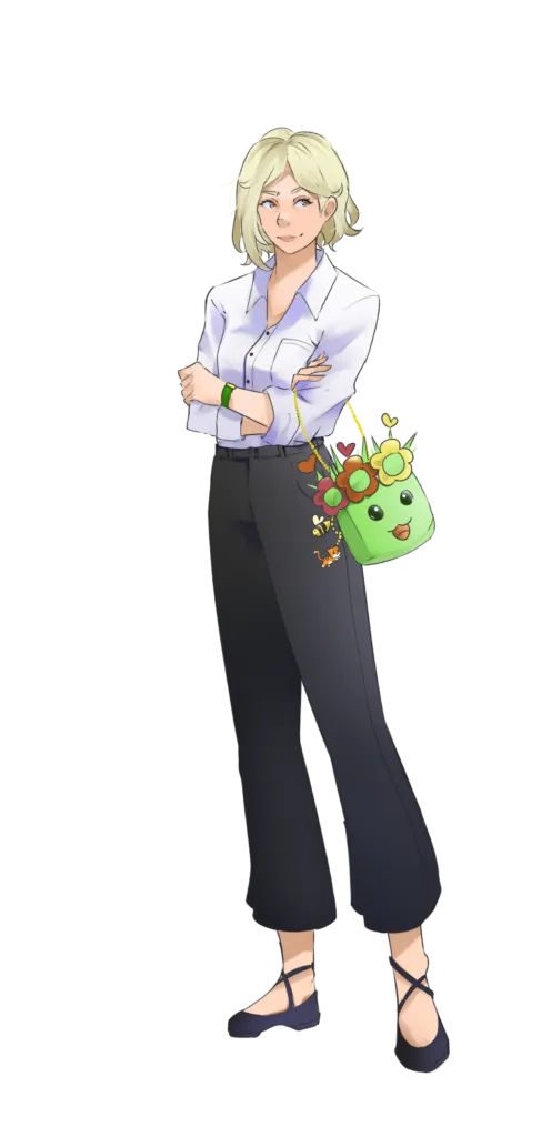 Scarlett from I Married a Monster on a Hill with crossed arms holding a flowe chan bag