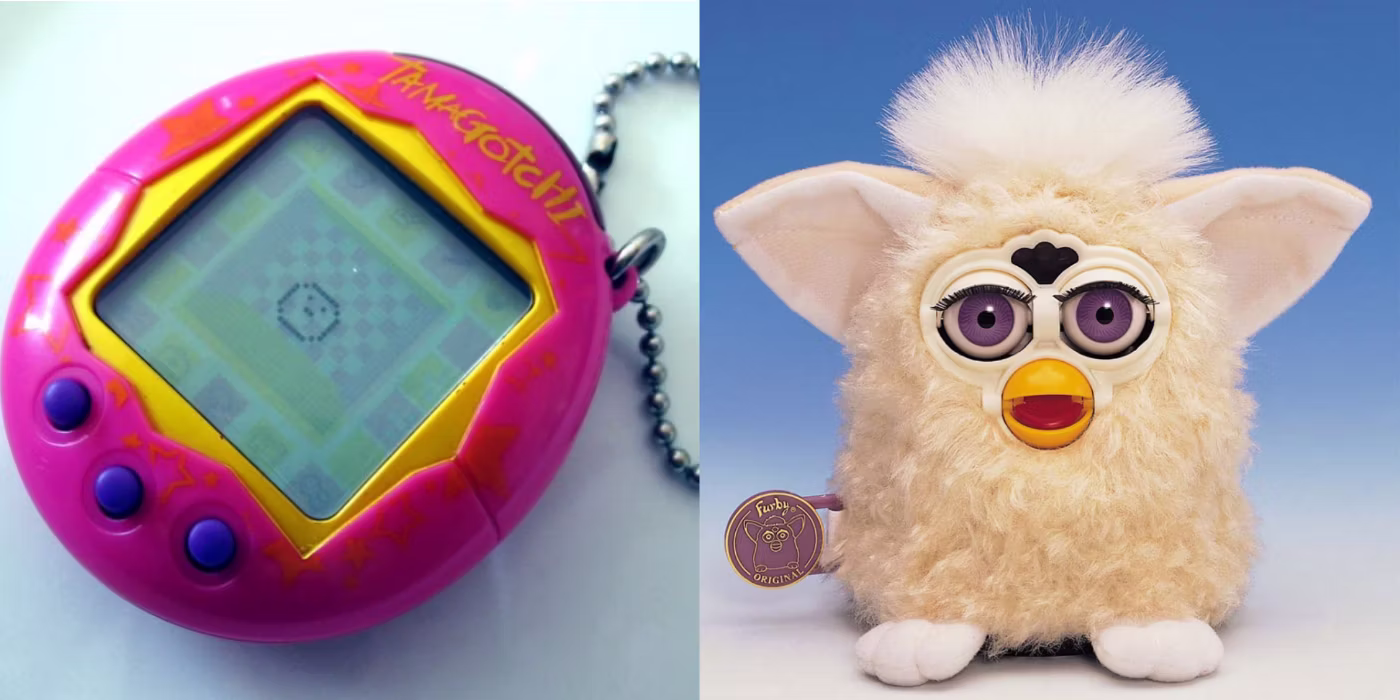 This image showcases a tamagotchi and furby from the 90s