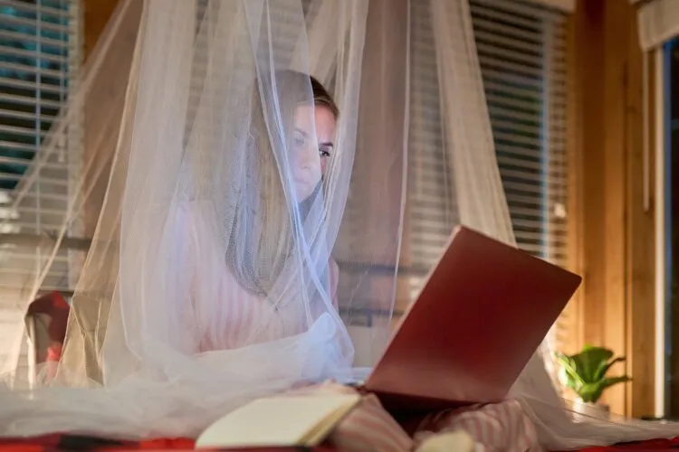 A woman sitting in bed under a mosquito net, focused on her laptop, with a notebook beside her and blinds in the background.