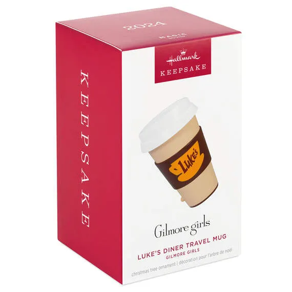 Luke's Diner Travel Mug Ornament in Keepsake Hallmark box that says Gilmore Girls on the cover