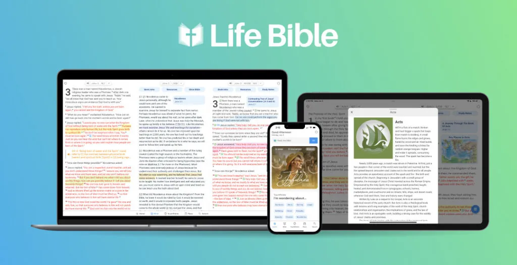 Multiple devices (laptop, tablet, and smartphone) displaying the Tecarta Bible app, showing various Bible verses and study tools.