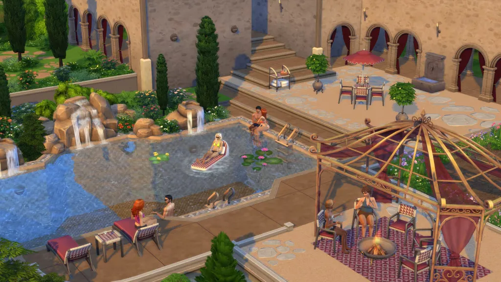 A scene from The Sims 4 showing a cozy bistro with Sims enjoying their time outside. Some Sims are seated at tables, drinking coffee, and chatting, while others are using electronic devices. The bistro has a charming, classic look with blue chairs and checkered tablecloths. The "All Ages of Geek" logo is visible in the bottom right corner. Riviera Retreat