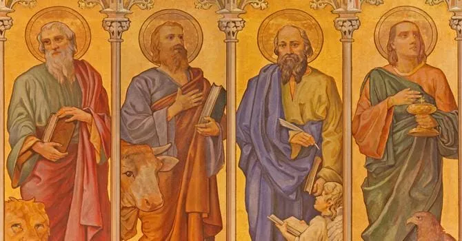 Matthew, Mark, Luke and John in an art piece with symbols that represent them in the Bible. Millennials and Gen Z Can Understand the Bible Better with their teachings.