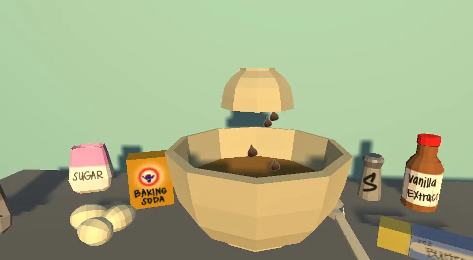 A 3D rendering of a kitchen counter with baking ingredients like sugar, baking soda, vanilla extract, and eggs. A mixing bowl sits in the center with chocolate chips being poured in. The environment is minimalist, with soft pastel colors and a clean, simple design.