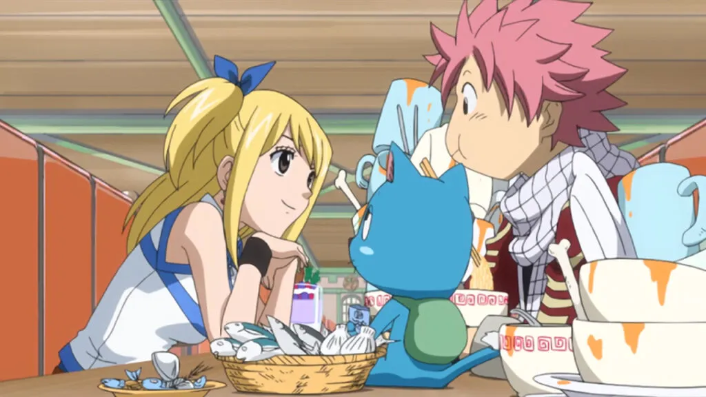 Natsu, Lucy and Happy enjoying a meal together as Lucy smiles up at Natsu with a begging look. Natsu looks confused surrounded by his food mess and Happy looks upward holding onto a fish.