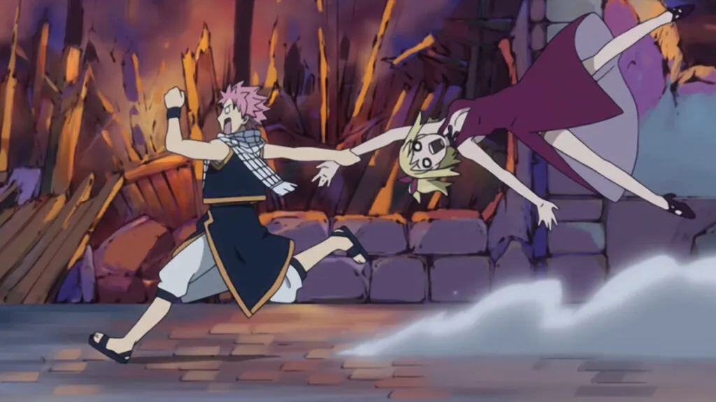 Natsu drags a flailing Lucy through the burning city as smoke catches below her struggling, groveling body.