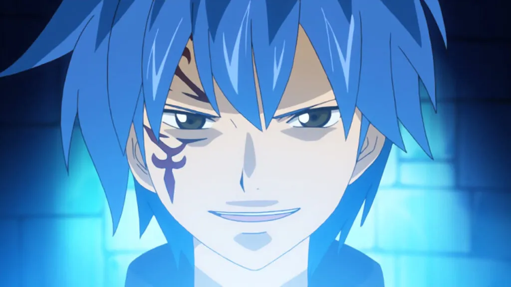 Siegrain looking mischievous, grinning with a blue light shining on his face. 
