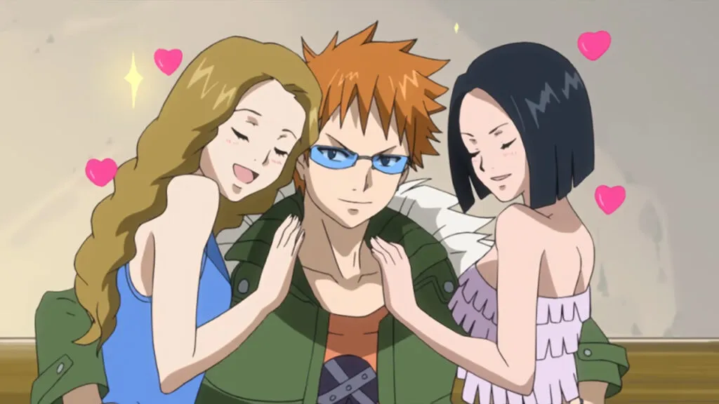 Loki surrounded by his fangirl harem, cuddling and swooning over him as he stares back behind his blue glasses.
