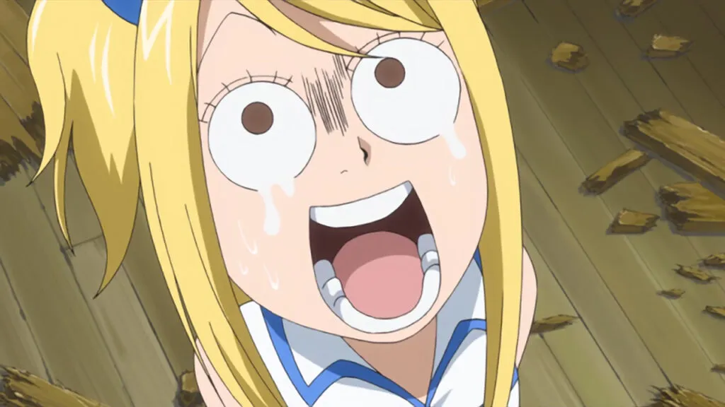 Lucy looks upward, tears in her eyes as she panics and has her mouth agape. 
