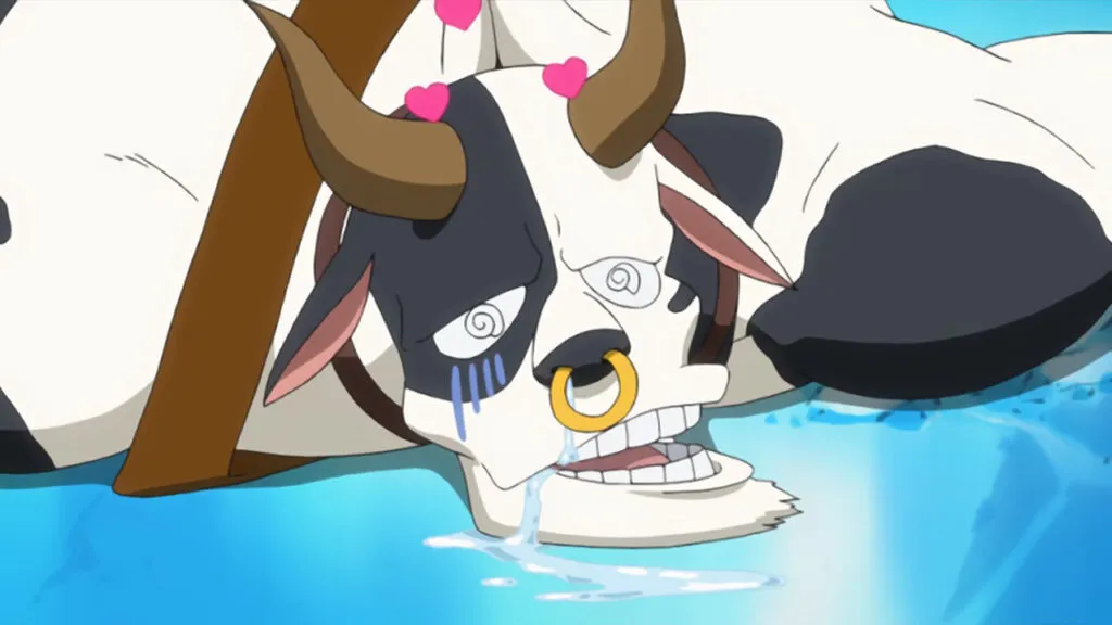 Taurus the bull drools as he lays flat on the icy floor defeated.