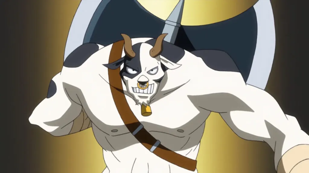 Taurus with his bull/cow-like apperance and huge axe, smirks with a fighting spirit and grin, grabbing the axe with a brown and beige background.
