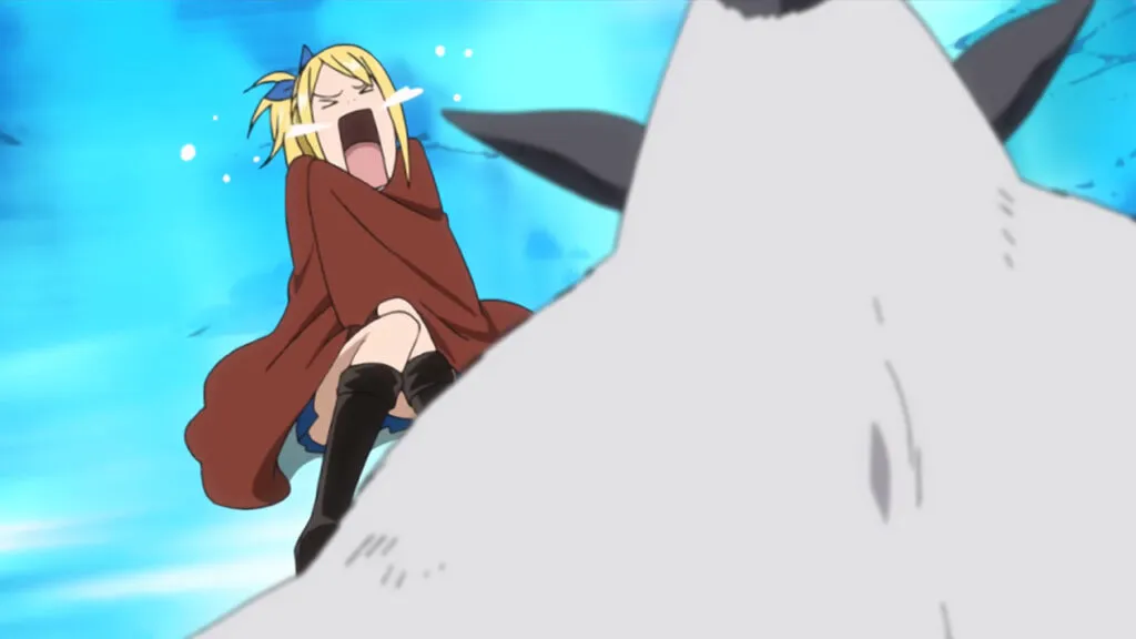 Lucy gets scared of the Vulcan and cries with a blanket around her exposed body.