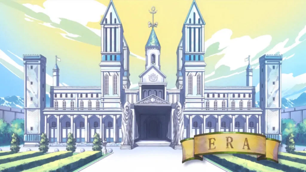 The Fairy Tail Magic Council building standing tall, white and blue with a beautiful green landscape in the foreground.
