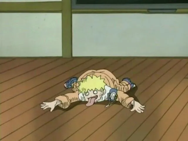 A Naruto clone looks solid and dead on the ground, tongue out and eyes buggy.