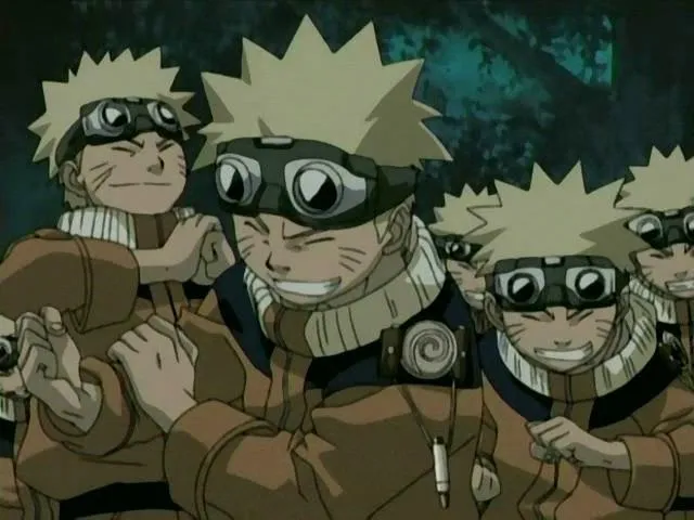 Several Naruto clones smirk and giggle, bunched up together in a dark, green forest at night.