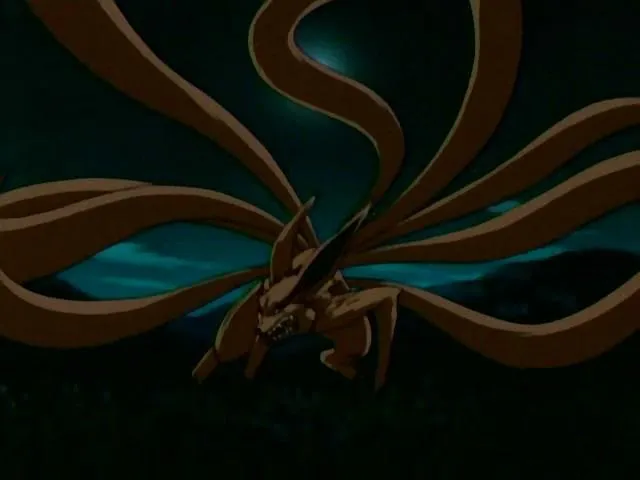 An orange fox like spirit called the Nine-Tails sways its tails around beneath a blue, darkened sky.