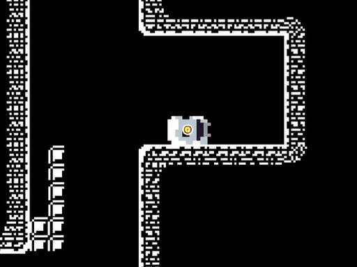 This image shows a small, gray robot-like character navigating through a maze-like structure. The walls are made up of white and black pixelated patterns, creating a retro, 8-bit appearance. The character is in motion, indicated by the slightly blurred effect, and appears to be maneuvering through a narrow pathway within the maze.