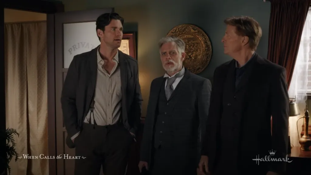 Moment of Decision: Three men stand in an office, each displaying a mix of concern and determination, indicative of a crucial decision-making moment that could change their paths.
