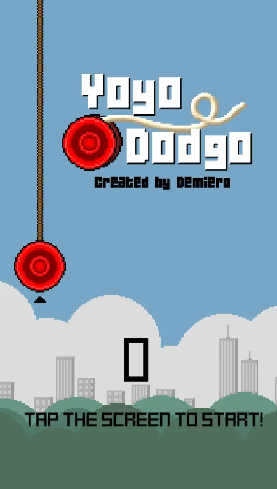 This image features a pixelated red yoyo on a string against a blue sky with a cityscape in the background. The title "Yoyo Dodgo" is prominently displayed in blocky white letters, with the creator's name "Demiero" below it. The bottom of the screen shows the text "Tap the screen to start!" inviting players to begin the game.