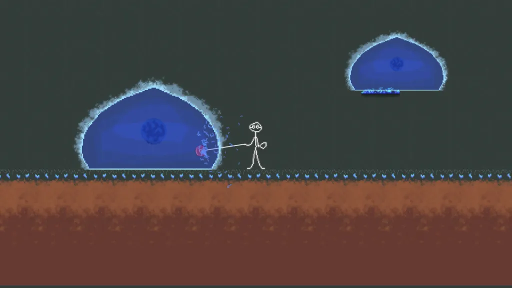 This image shows a stick figure character holding a yoyo attached to a string. The character is standing on a platform with a textured, earth-toned surface. Two large blue slimes with glowing edges are seen in the background, one on the ground and another floating above. The environment has a dark, cave-like appearance with intricate patterns on the walls.