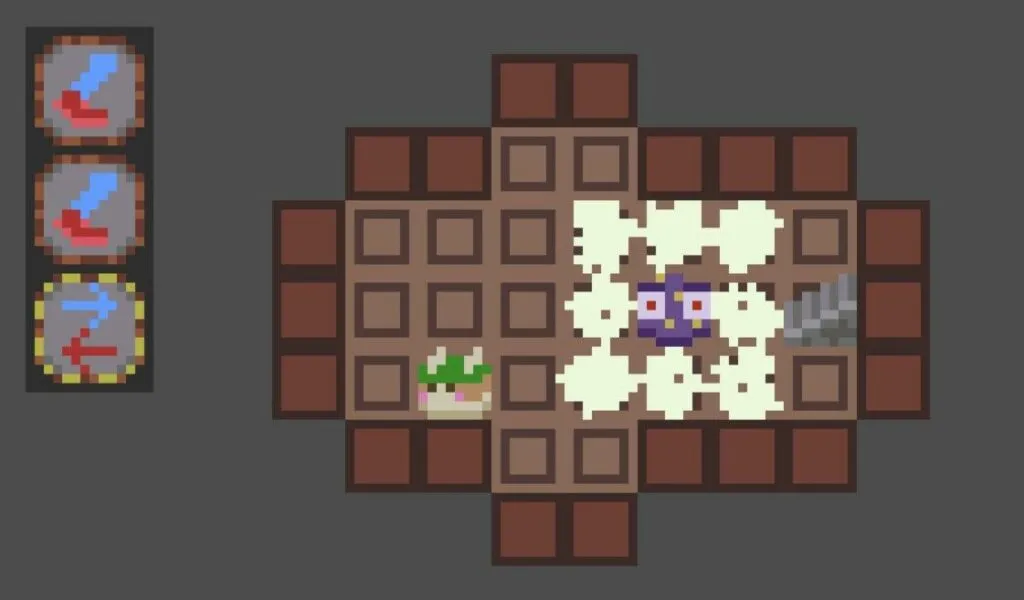 This image features a top-down view of a grid-based room with a character in the center surrounded by a cloud-like effect. To the left, there are three icons displaying different actions or items, likely representing abilities or tools available to the player. The room has various brown and beige tiles, with a plant in one corner and a pile of spikes or debris in another. The overall style is simple and pixelated, evoking a retro gaming feel.