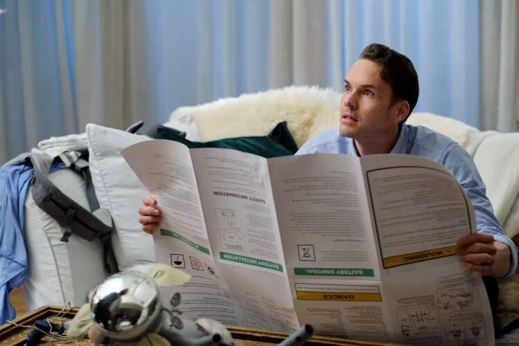 From Hallmark's "Three Wise Men and a Baby": A man is sitting on the floor, looking perplexed as he reads a large instruction manual. He is surrounded by various baby items and assembly parts, indicating he is trying to put something together. Behind him, a couch with a blanket and some pillows can be seen, creating a cozy home environment. His expression shows a mix of confusion and determination.