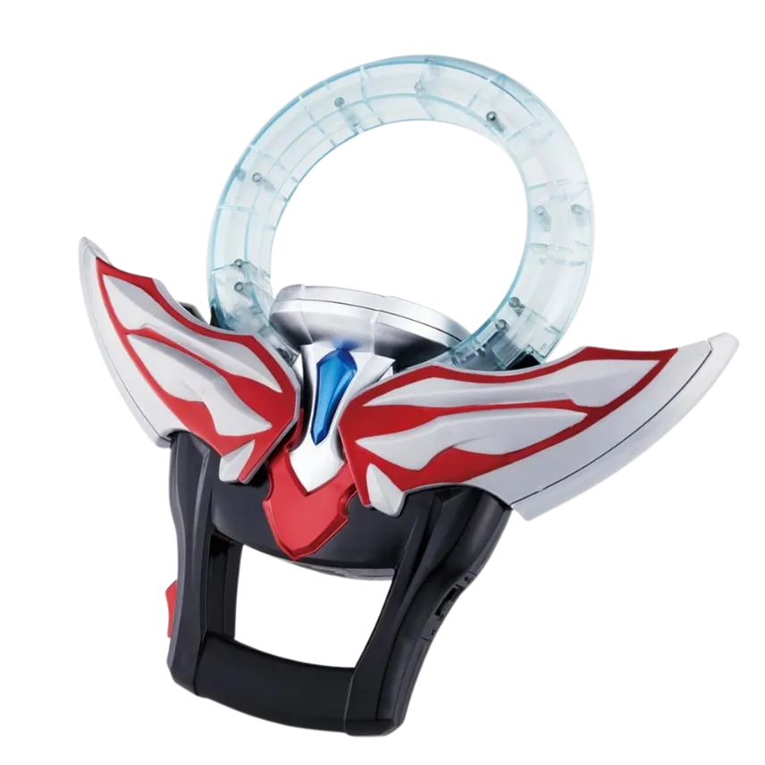 "A Bandai Ultraman Orb DX Orb Ring toy, featuring a sleek design with red, white, and blue accents, showcased on All Ages of Geek."