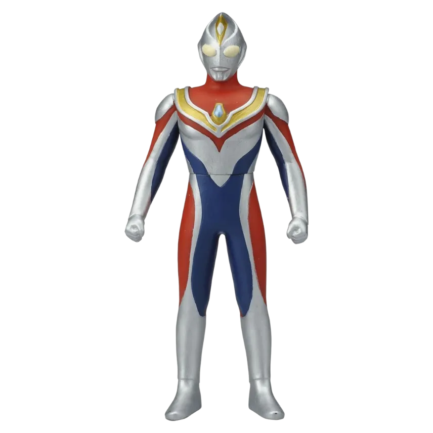 "A Bandai Ultraman Superheroes Ultra Hero 500 Series #14 figure of Ultraman Dyna (Flash Type), featuring classic red, blue, and silver colors, showcased on All Ages of Geek."