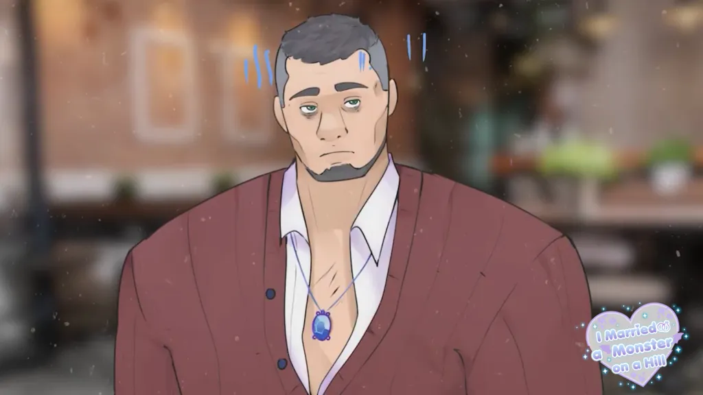 A screenshot from the visual novel introduction featuring Bevvy from "I Married a Monster on a Hill". This depicts Bevvy's stress which is a good expression for the How to Write Married Couples lesson.