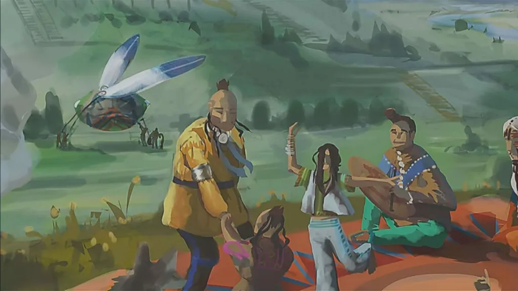 In a lush, green landscape, a group of diverse characters gathers in a moment of unity and tradition. They are dressed in vibrant, traditional attire, reflecting a blend of cultural heritage and futuristic elements. A large, insect-like vehicle hovers in the background, suggesting advanced technology harmoniously integrated into their world. This scene captures the essence of "Coyote and Crow," a role-playing game where science meets spirituality in an alternate future where colonization never occurred. The artwork conveys a sense of community, resilience, and the rich tapestry of a world built on indigenous narratives.