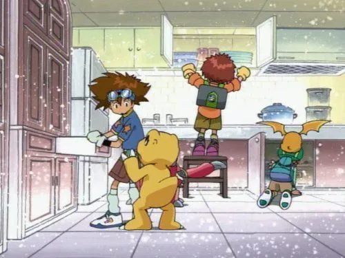 The characters from Digimon showing off their colorful windbreakers, a practical yet stylish choice for outdoor adventures.