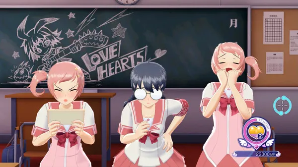 Gal*Gun Returns girl trio with a chalkboard in the back saying Love Hearts. The first girl has pink hair tied to the side, the second black hair with round, big glasses, and the last also pink hair with a side ponytail.