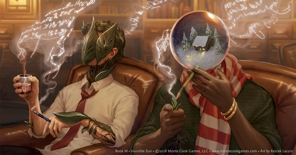 Two figures are sitting in a cozy, dimly lit room with bookshelves in the background. The figure on the left has leaves sprouting from their face and arm, wearing a white shirt with a red tie, holding a smoking cup in one hand and a pen in the other. The figure on the right has a snow globe for a head, depicting a snowy cabin scene, and is holding a leaf and a pen, wearing a green sweater with a red and white striped scarf. Magical symbols and glowing text float around them, adding an air of enchantment and mystery to the scene.