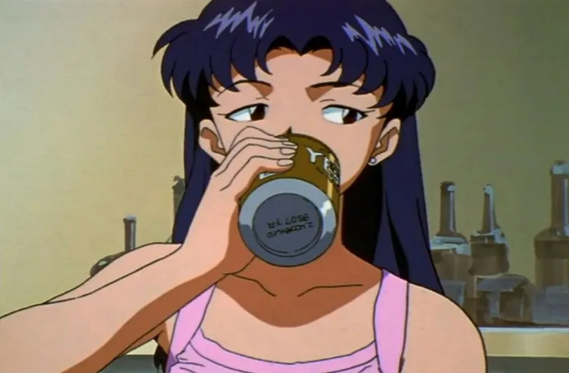 Misato Katsuragi from Neon Genesis Evangelion rocking a '90s crop top, showcasing the casual and cool style of the era. '90s Geek Fashion
