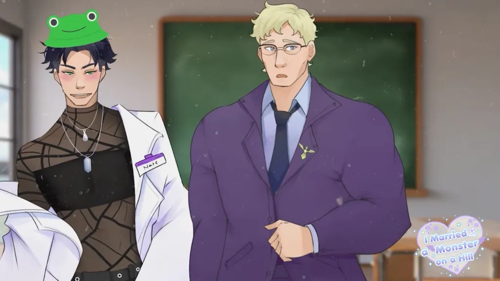 A screenshot from the visual novel introduction for Conrad and Nate. A cute image depicting their fun relationship for the How to Write Married Couples lesson.