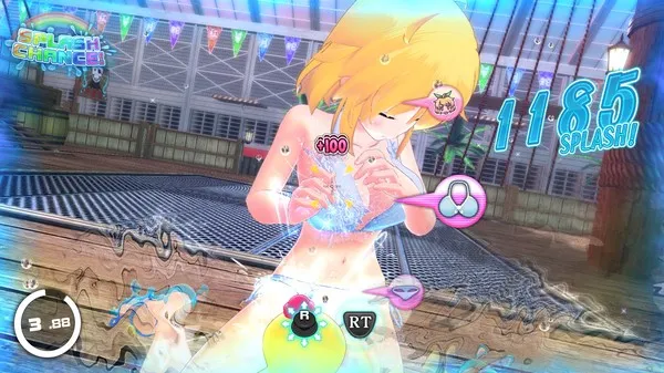 SENRAN KAGURA Peach Beach Splash blonde hair character getting sprayed and soaked by water gun.
