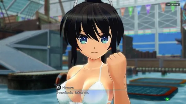 SENRAN KAGURA Peach Beach Splash girl character with black hair and a white bikini.
