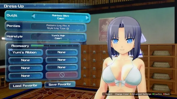 SENRAN KAGURA Peach Beach Splash girl character with black hair getting changed.