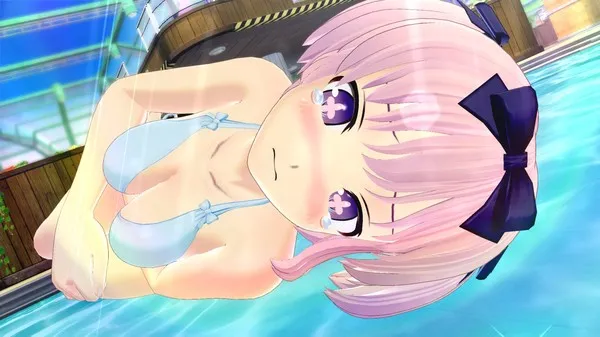 SENRAN KAGURA Peach Beach Splash girl character with pink hair laying down and staring at the player.