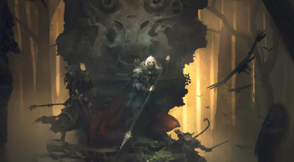 A dark, atmospheric scene from Symbaroum RPG, depicting two adventurers in a shadowy forest, standing before an ancient, mysterious stone structure adorned with eerie carvings. One character, cloaked and armed with a staff, raises a hand imbued with magical energy, while the other, a warrior clad in armor, wields a weapon and stands ready for battle. The forest is thick with mist and shadows, suggesting danger and secrets lurking in every corner, while a bird of prey soars above, adding to the ominous mood.