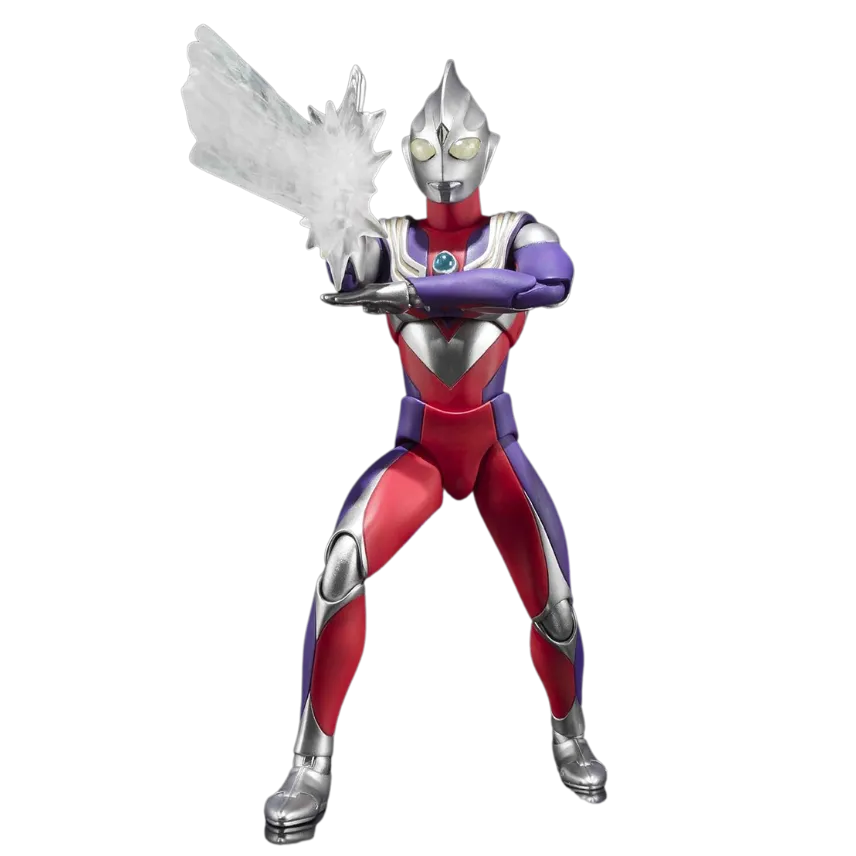 "A dynamic Ultra-Act action figure of Ultraman Tiga in Multi Type, featuring articulated joints and a signature energy attack effect, as highlighted on All Ages of Geek."