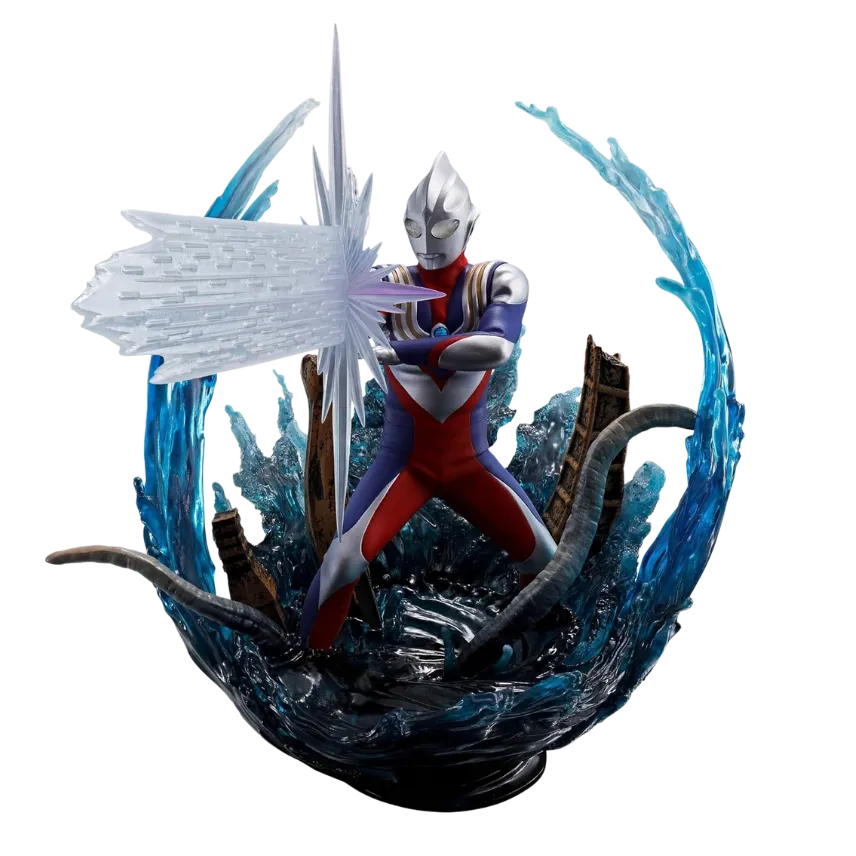 "A detailed collectible statue of Ultraman Tiga Multi Type from Tamashii Nations. The figure showcases Ultraman Tiga in a dynamic pose, with intricate energy effects and a battle scene base, as featured on All Ages of Geek."