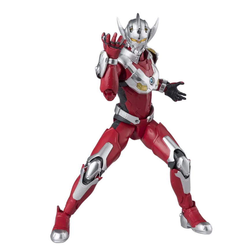 "A highly detailed action figure of Ultraman Suit Taro from The Animation series by Tamashii Nations. The figure features a dynamic red and silver armored suit with intricate detailing, showcased in an action pose, as featured on All Ages of Geek."