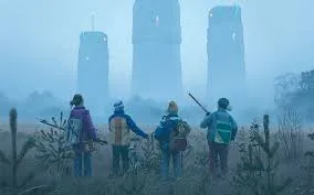 A group of teenagers stands together in a misty field, their backs to the viewer, facing tall, enigmatic towers in the distance. They are dressed in warm, colorful jackets and backpacks, carrying tools and makeshift weapons, suggesting they are ready for an adventure. The scene is set in the late 1980s and captures the essence of "Tales from the Loop," a role-playing game where players solve mysteries connected to a massive underground particle accelerator. The fog and the towers give a sense of eerie mystery, while the teenagers’ stance conveys camaraderie and determination to uncover the secrets of the Loop.