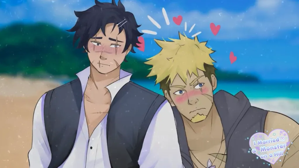 Thomas and John (from "I Married a Monster on a Hill) have a cute moment together on the beach. Both men are blushing, John looking serious and Thomas looking embarrassed. 