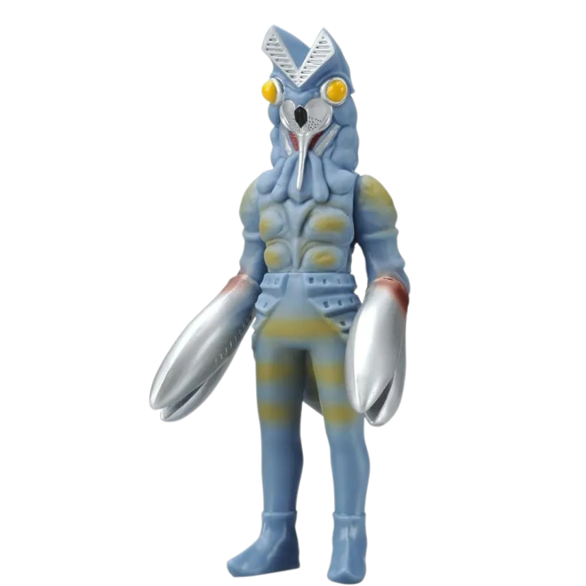 "A figure of Alien Baltan from the Ultra Monster 500 series, featuring a blue and yellow color scheme with silver claws, showcased on All Ages of Geek."