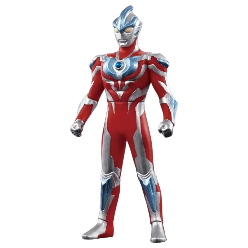 "A figure of Ultraman Ginga from the Ultra Hero 1270cm series, featuring a red and silver suit with blue highlights and a central blue gem, showcased on All Ages of Geek."